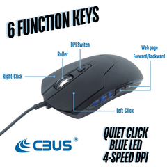 CBUS Wired USB C Mouse, 6-Button Quiet Click Computer Mouse - Silent Gaming Mouse Type-C