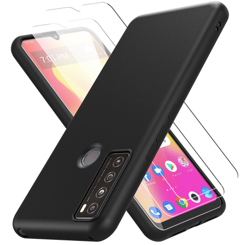 Silicone Flex-Gel Case + 2X Glass Screen Protectors for TCL 30 XL / TCL 30XL (Opaque Black)