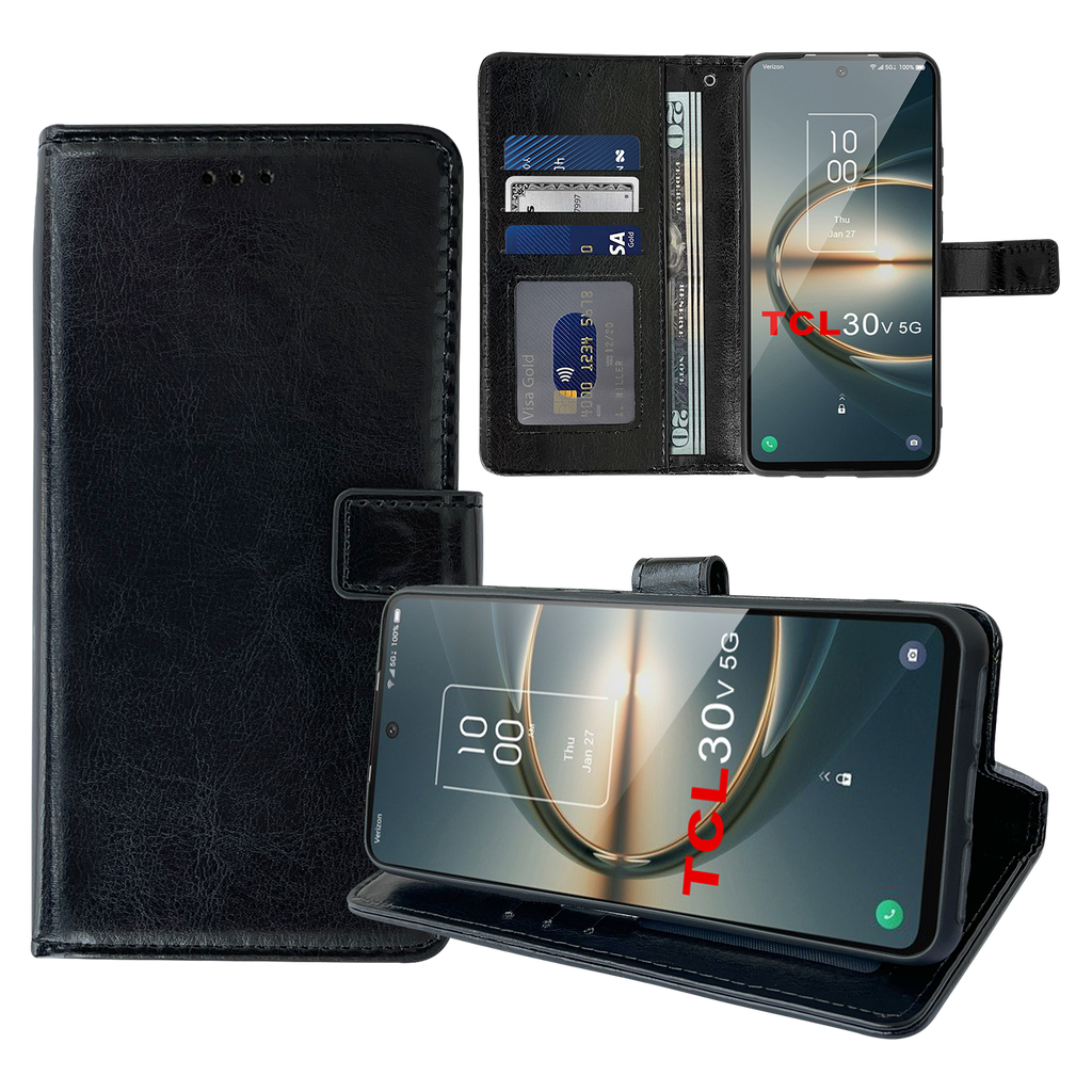 Leather Wallet Flip Case for Verizon TCL 30 V 5G (Black)