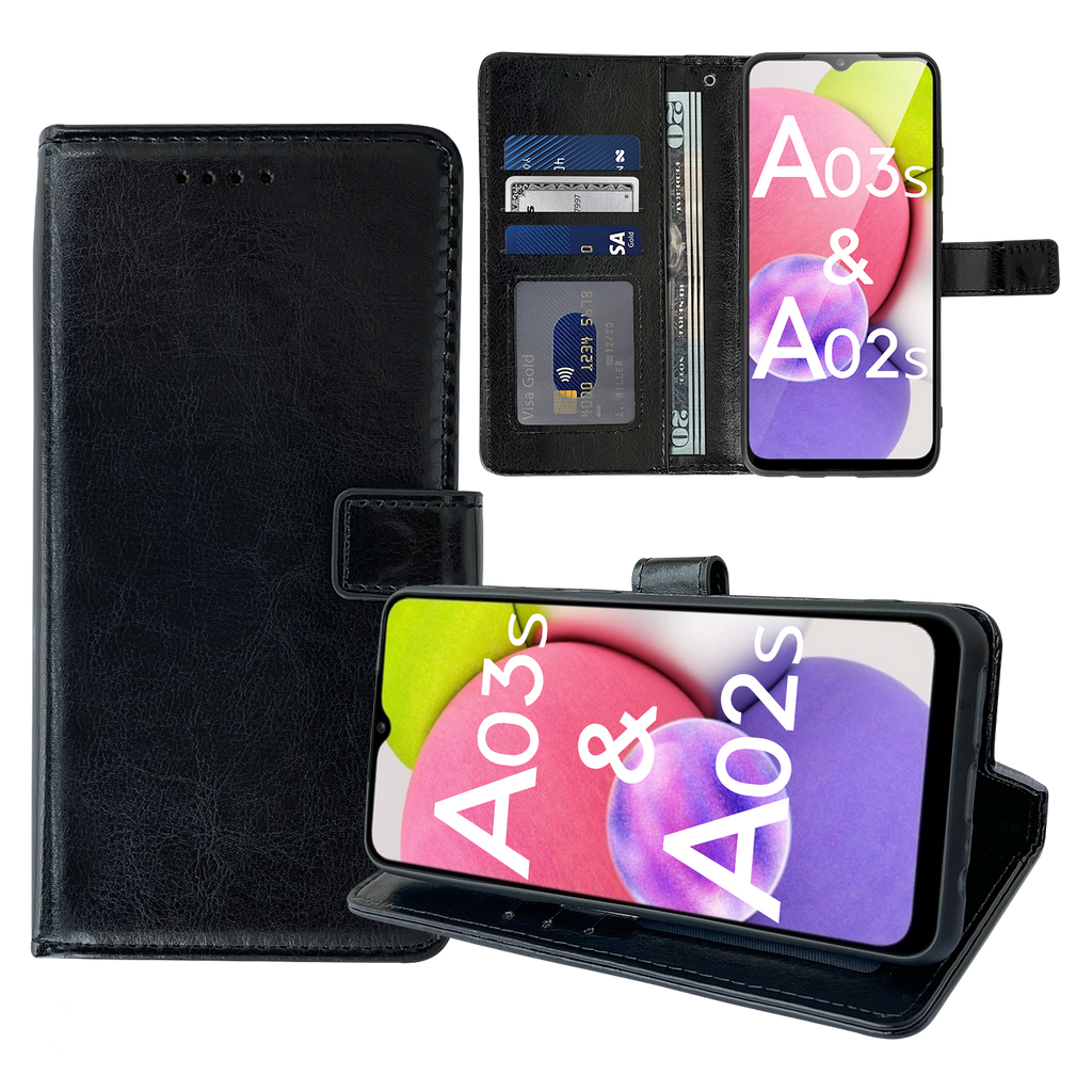 Leather Wallet Flip Case for Samsung Galaxy A03s / A02s (Black)