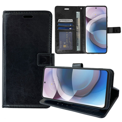 Leather Wallet Case for Motorola One 5G Ace (Black)