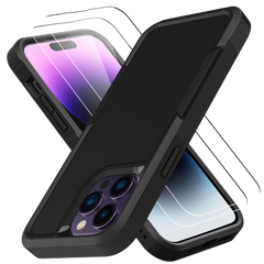 Grip Case + 2 Glass Screen Protectors for iPhone 14 Pro Max (Black)