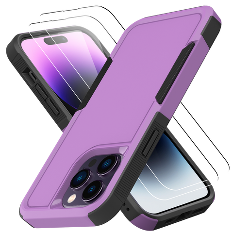 Grip Case + 2 Glass Screen Protectors for iPhone 14 Pro Max (Purple)